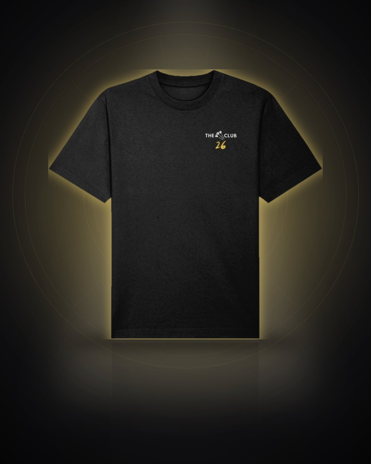 Black T-shirt with The 26 Club logo on the left chest